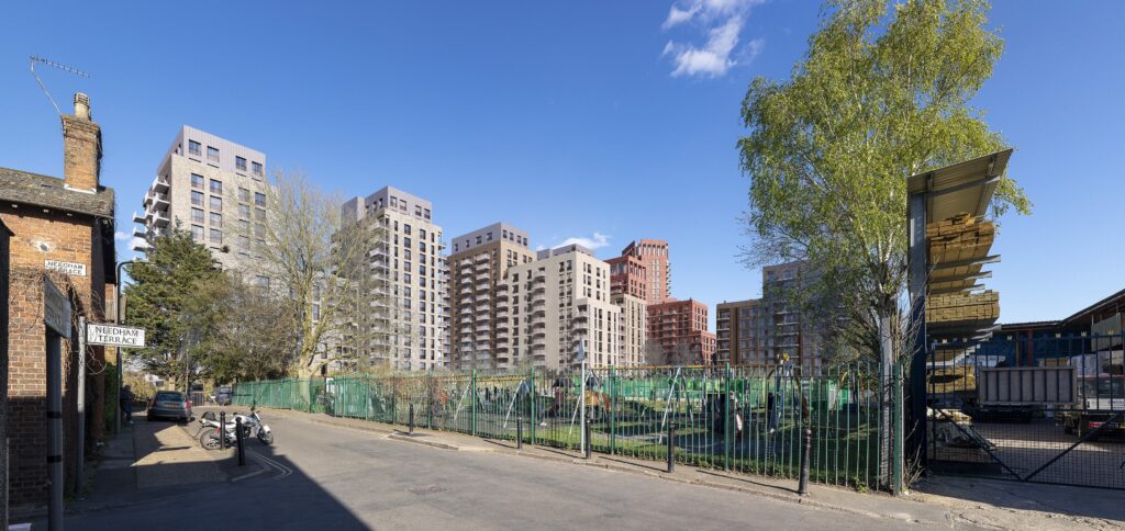 Developers' view of the tower blocks seen from Kara Way, beside the children's playground