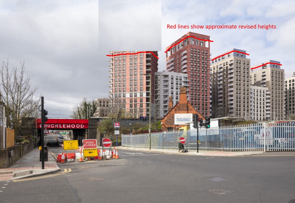 The developer's photorealistic view of the development seen from the other side of Cricklewood Station, marked to show their revised heights.